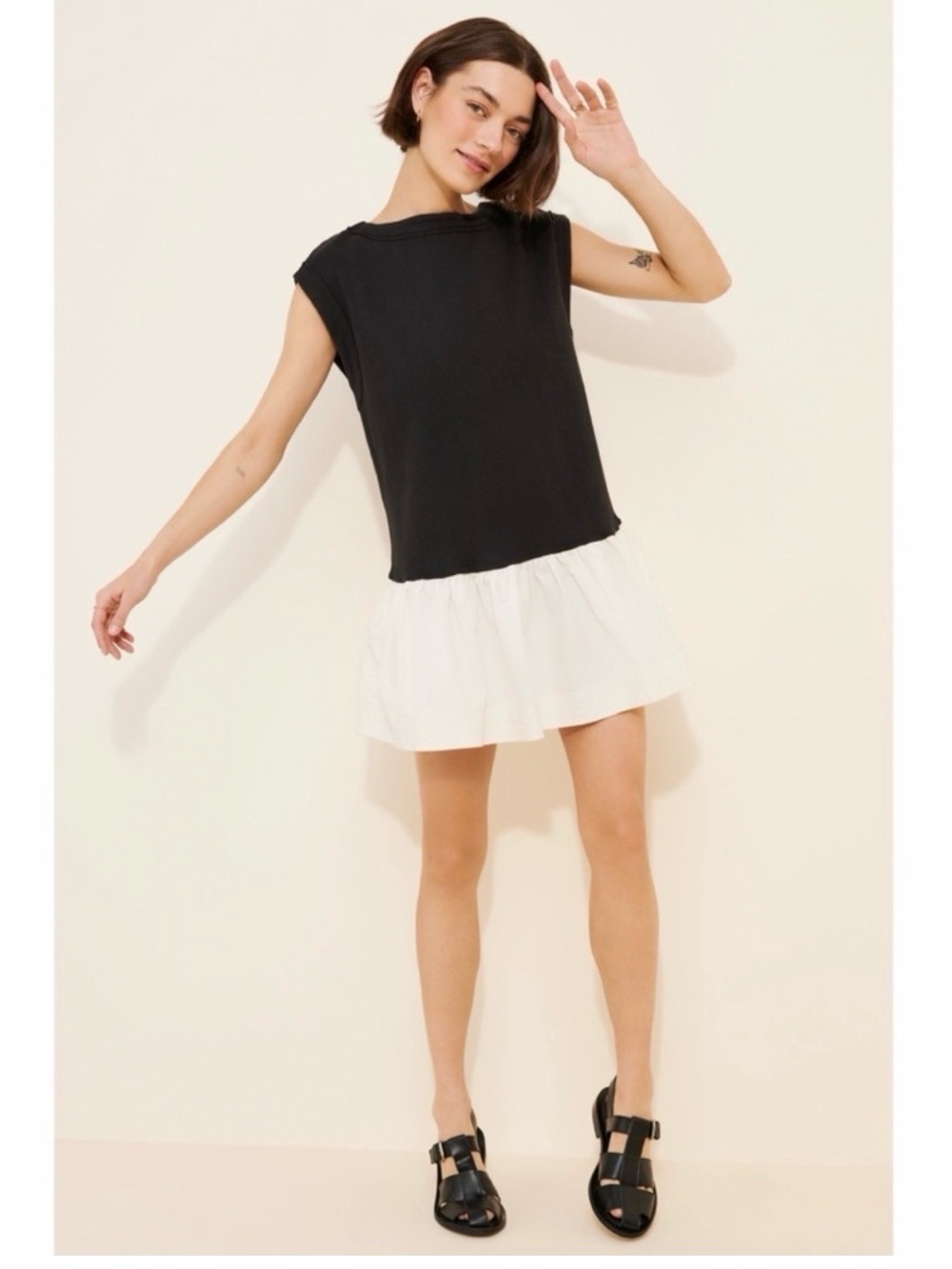 FREE PEOPLE Enya  Dress Contrast Drop Waist Bubble Hem S Oversized Cotton Party